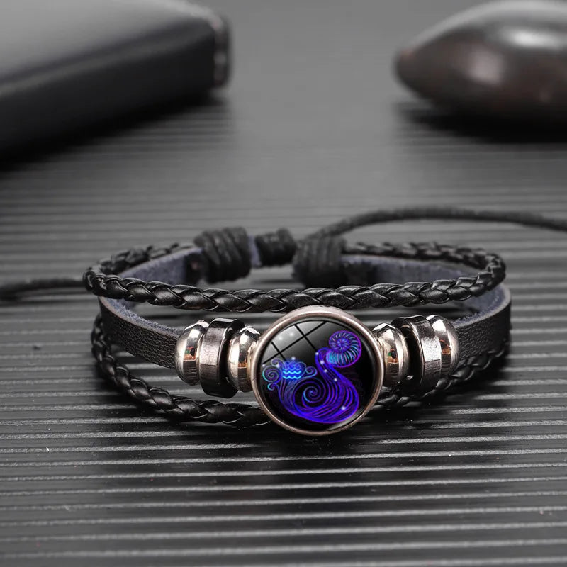 Luminous Zodiac Constellation Bracelet - Glow-in-the-Dark Multilayer Leather Charm