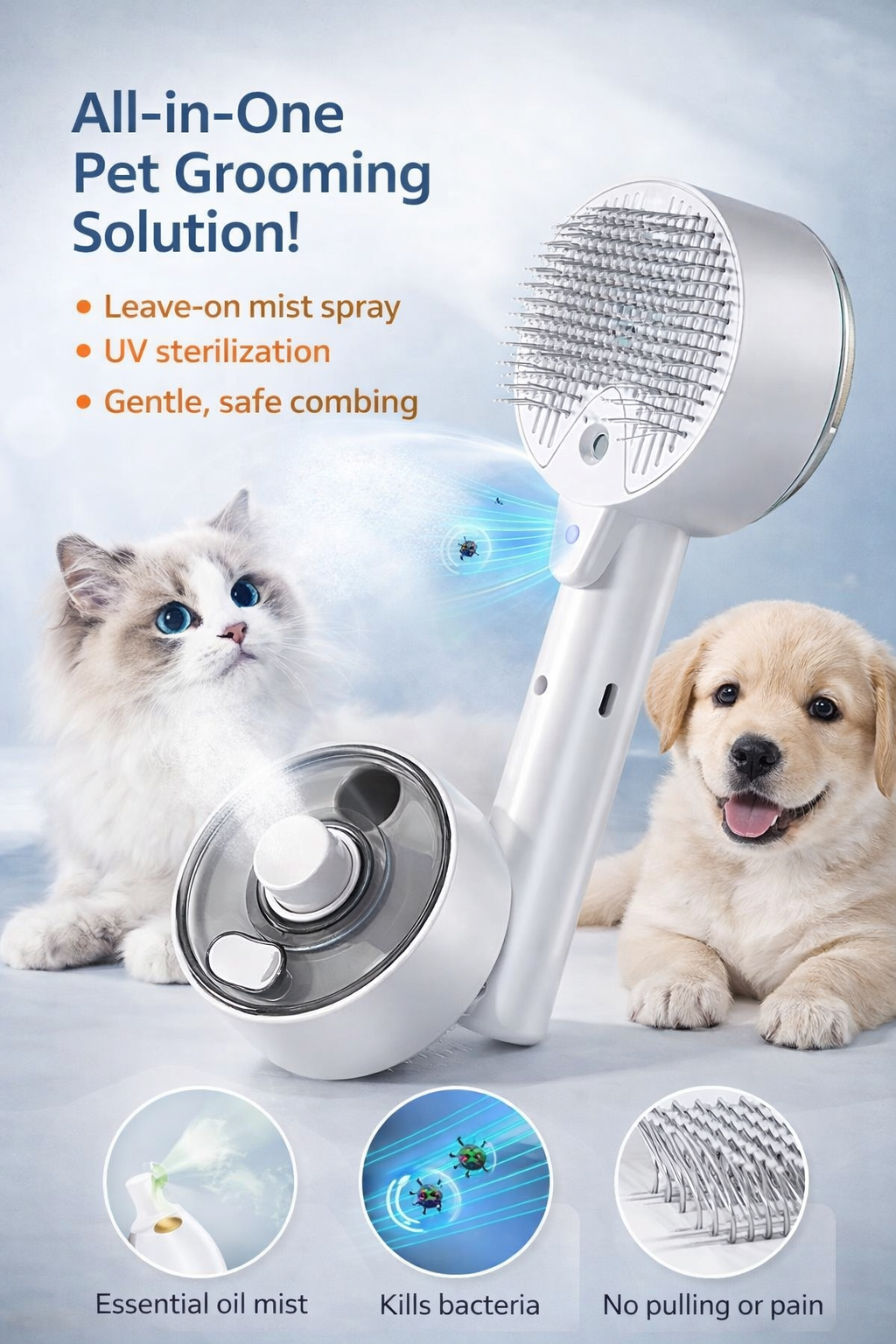 Pet Spray Grooming Comb – UV Sterilization & Mist Brush for Dogs & Cats