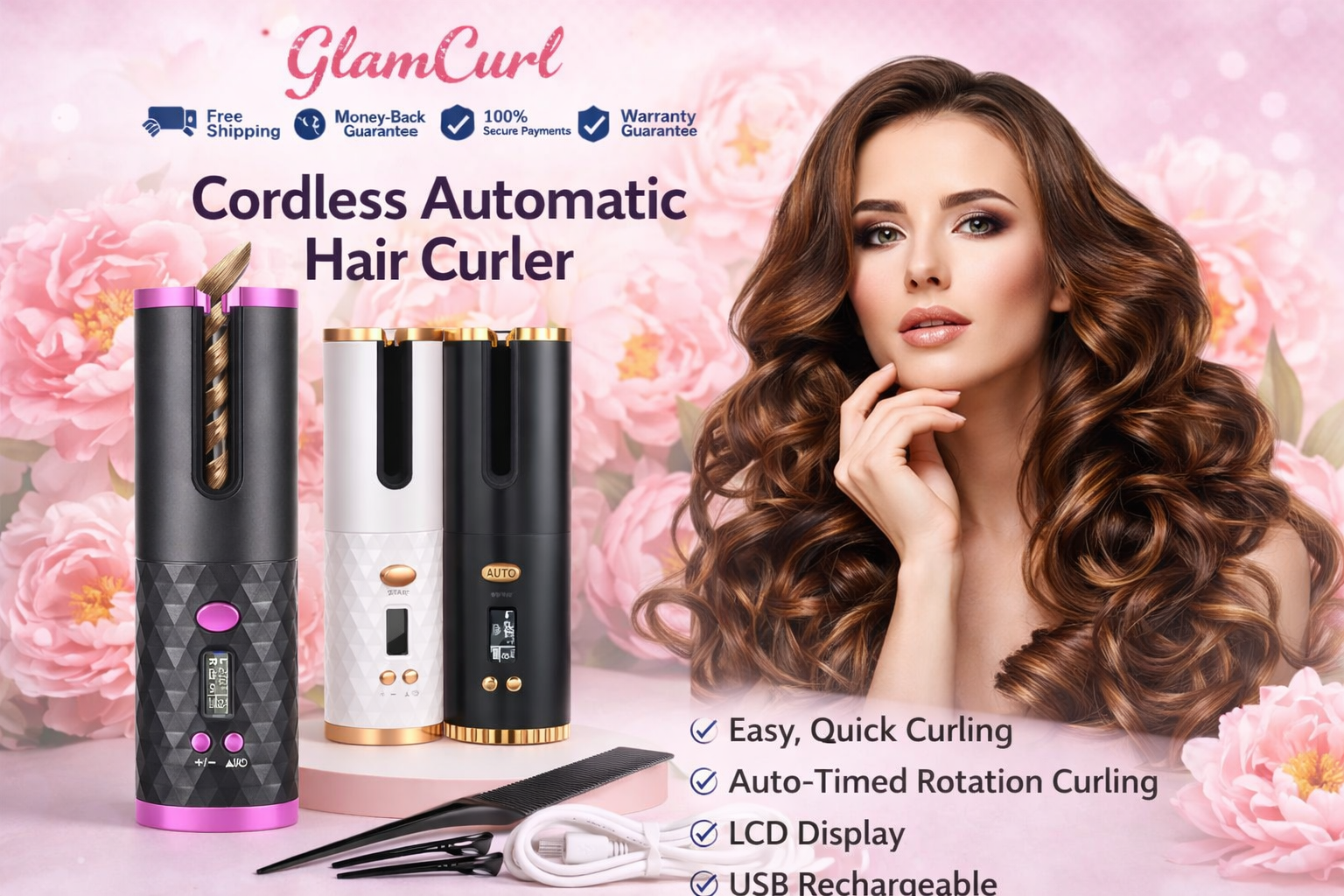 Automatic Hair Curler – Cordless, LCD Display & Ceramic Tourmaline