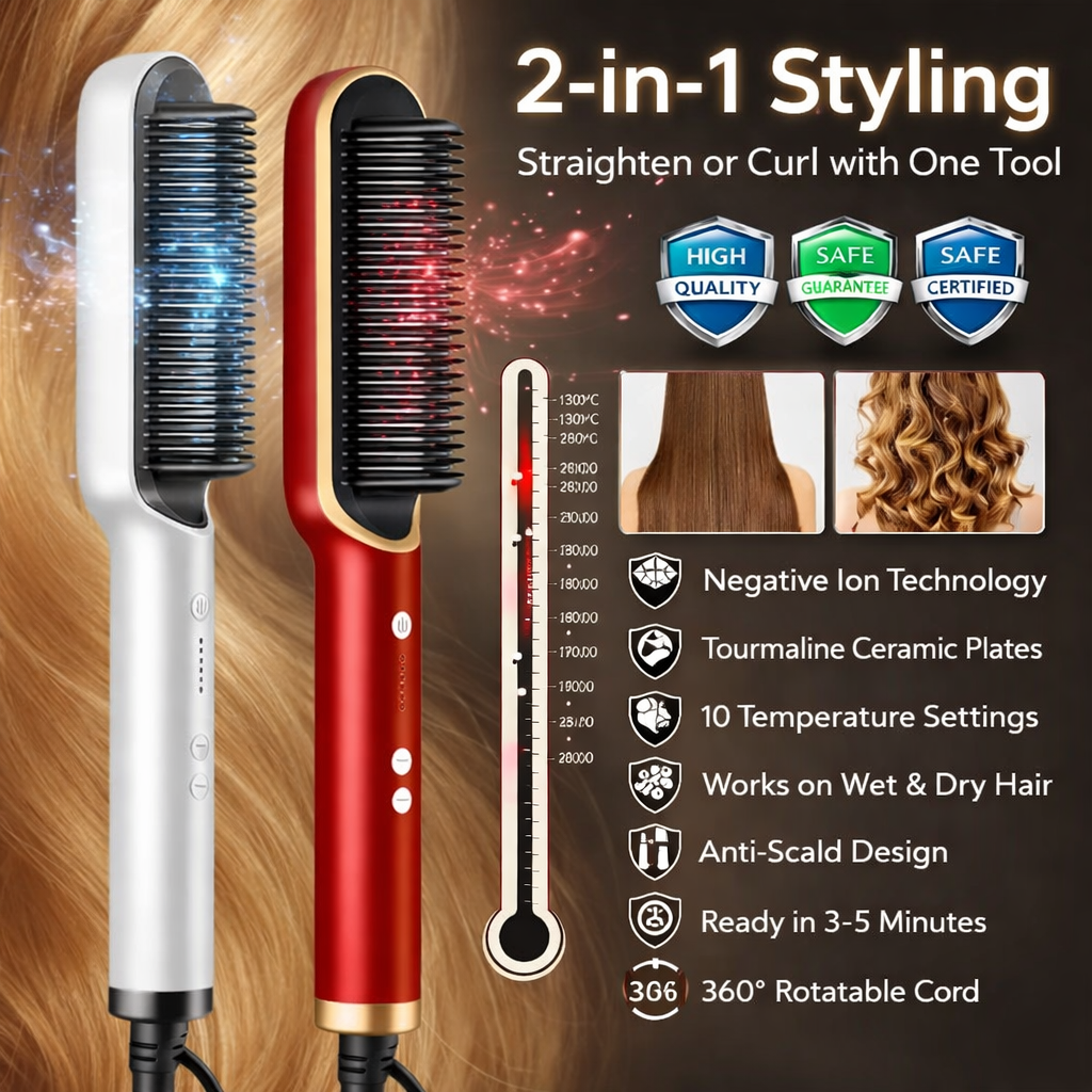 2-in-1 Hair Straightener & Curling Comb – Negative Ion, 10 Heat Settings
