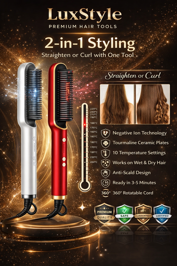 2-in-1 Hair Straightener & Curling Comb – Negative Ion, 10 Heat Settings