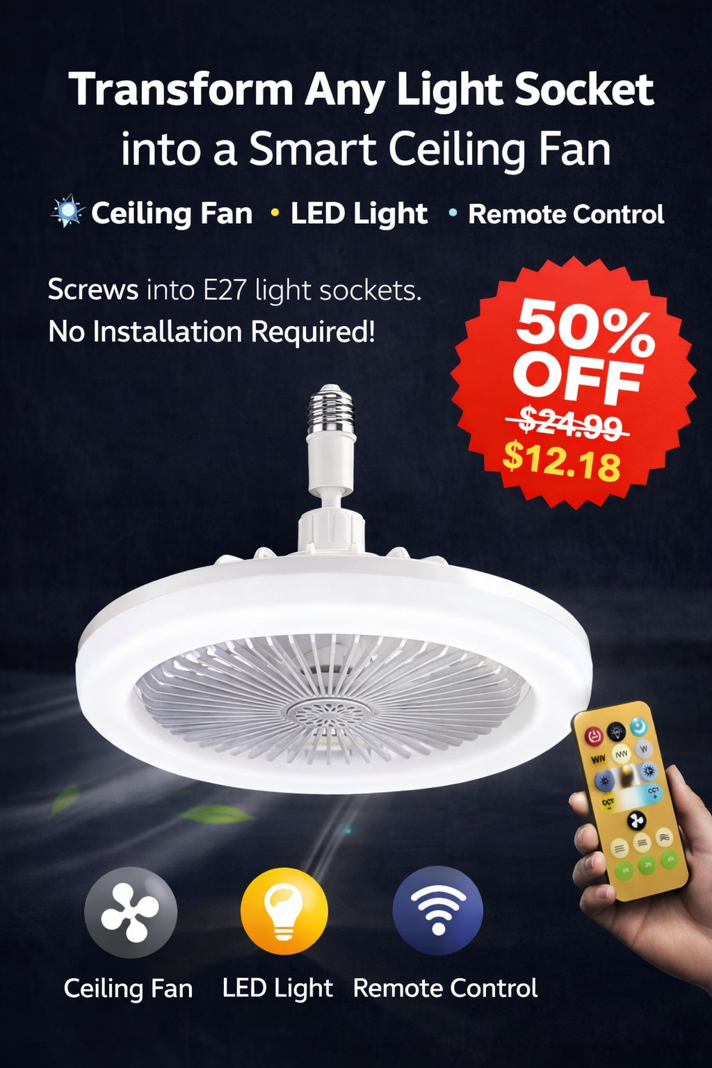 LED Smart 3-in-1 Ceiling Fan Light – Remote Control, 3 Speeds, E27 Socket for Bedroom & Living Room