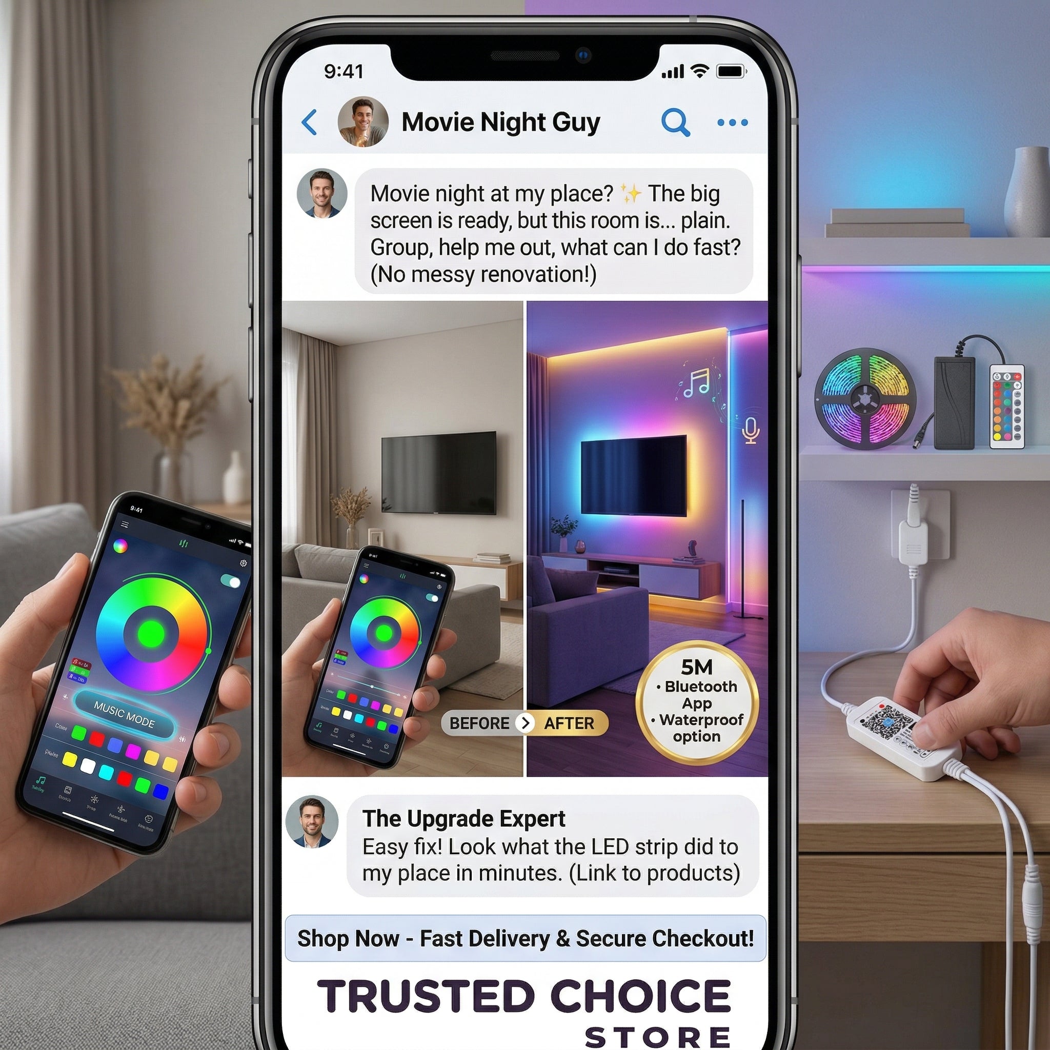 Bluetooth RGB LED Strip Lights – Music Sync, Waterproof (5M)