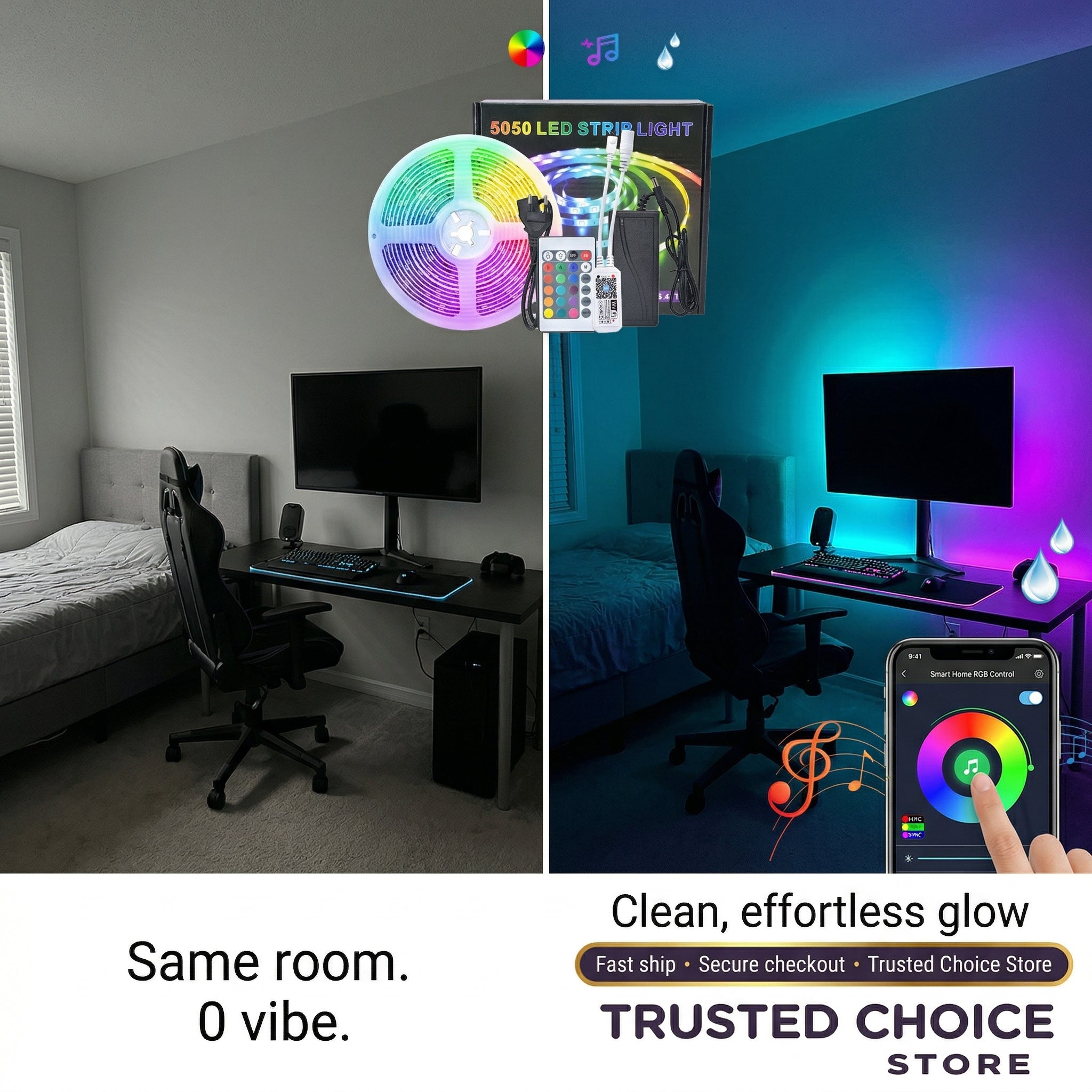 Bluetooth RGB LED Strip Lights – Music Sync, Waterproof (5M)