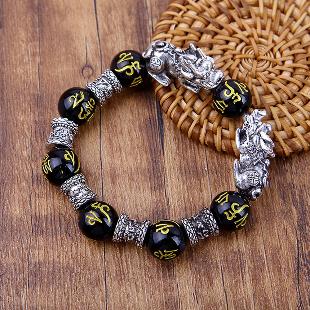 Fashion Jewelry Unisex Pixiu Attract Wealth Feng Shui Men Bracelets Obsidian Stone Beads Wristband Good Luck Bangle