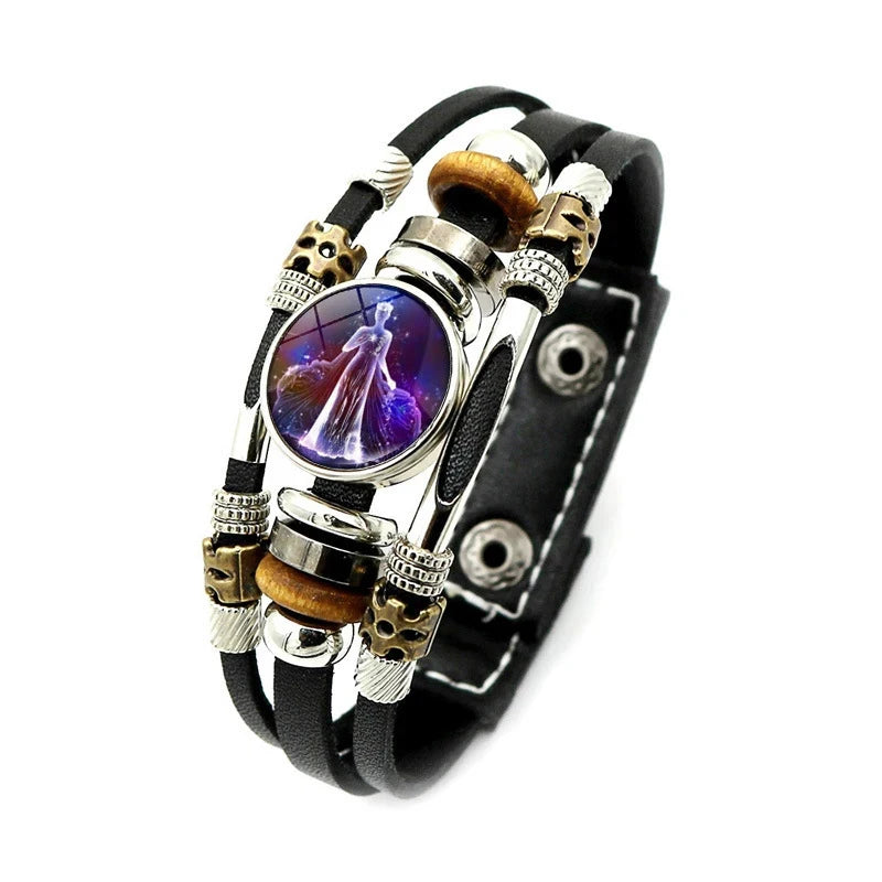 Zodiac Constellation Bracelet – 12 Signs Leather Snap Button Bracelet for Men & Women