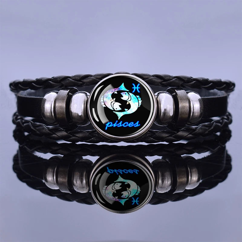 Black Braided Zodiac Bracelet for Men - 12 Constellation Leather Birthday Gift