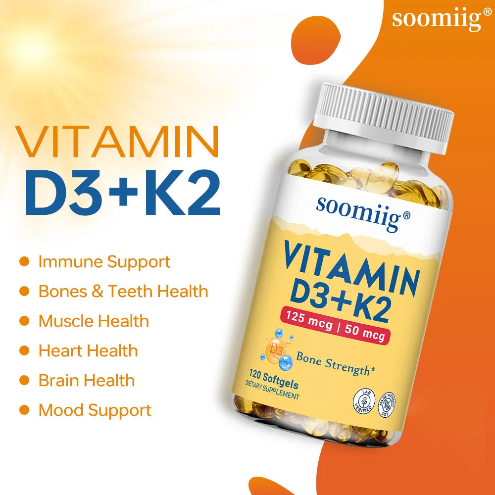 Vitamin D3 K2 Supplement - 5000 IU D3 + 50mcg K2 for Bone Health & Immune Support (120 Capsules)