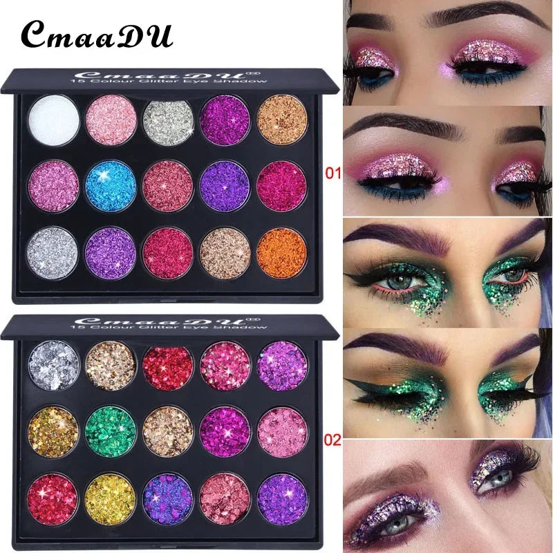 CmaaDu 15-Color Diamond Glitter Eyeshadow Palette - Metallic Shimmer Eye Makeup
