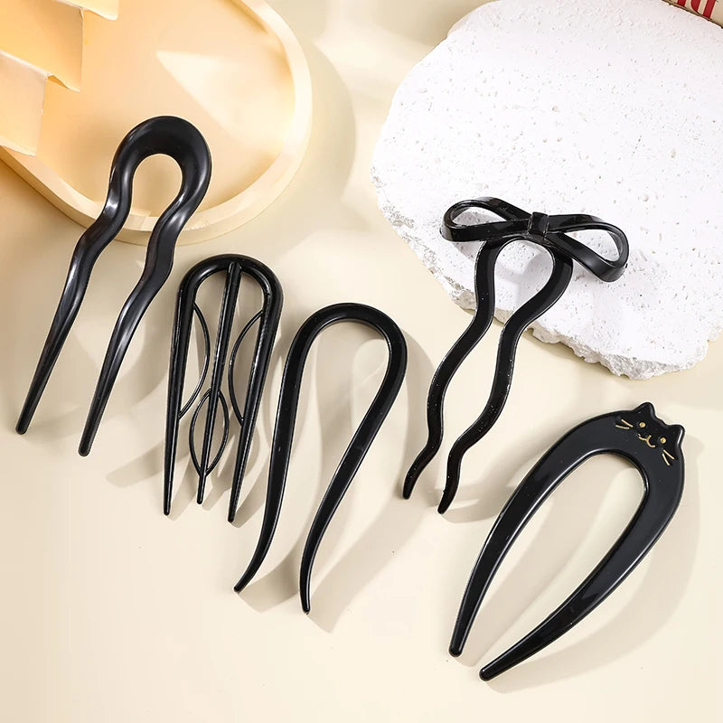 U-Shaped Hair Fork – Tortoiseshell Acrylic Hairpin for Women | All Seasons