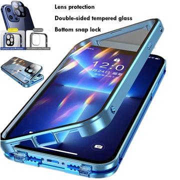 360° Metal Magnetic Glass Phone Case – Snap Lock Bumper for iPhone 16/15/14/13/12 Pro Max