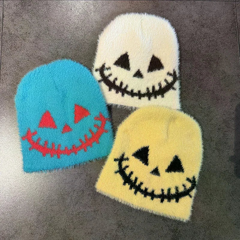 Halloween Funny Expression Wool Knitted Beanie - Y2K Hip-Hop Winter Hat with Quirky Face Design