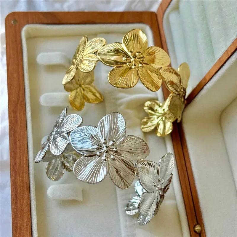 Wide Geometric Flower Bracelet - Adjustable Statement Jewelry