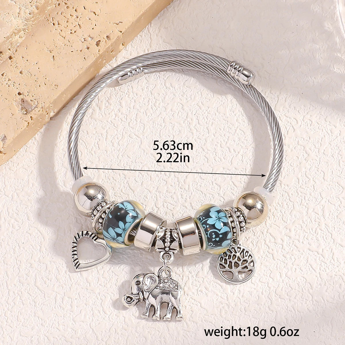 Elephant & Tree of Life Charm Bracelet - Multi-Charm Cuff Bracelet
