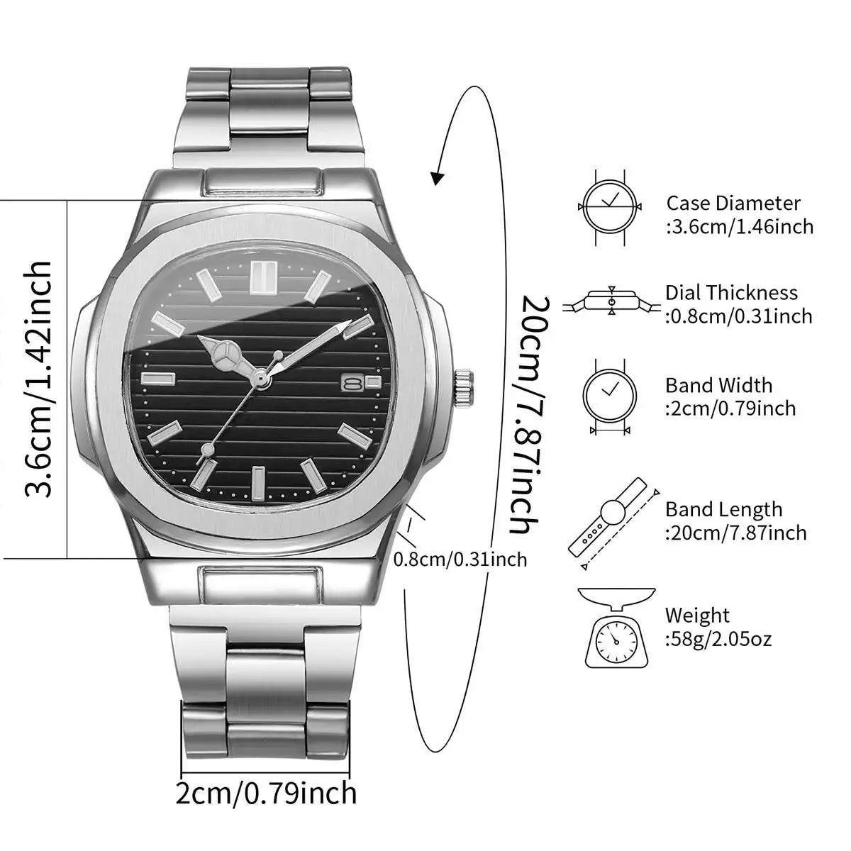 Luxury Men's Square Dial Quartz Watch – Stainless Steel Business Watch with Calendar