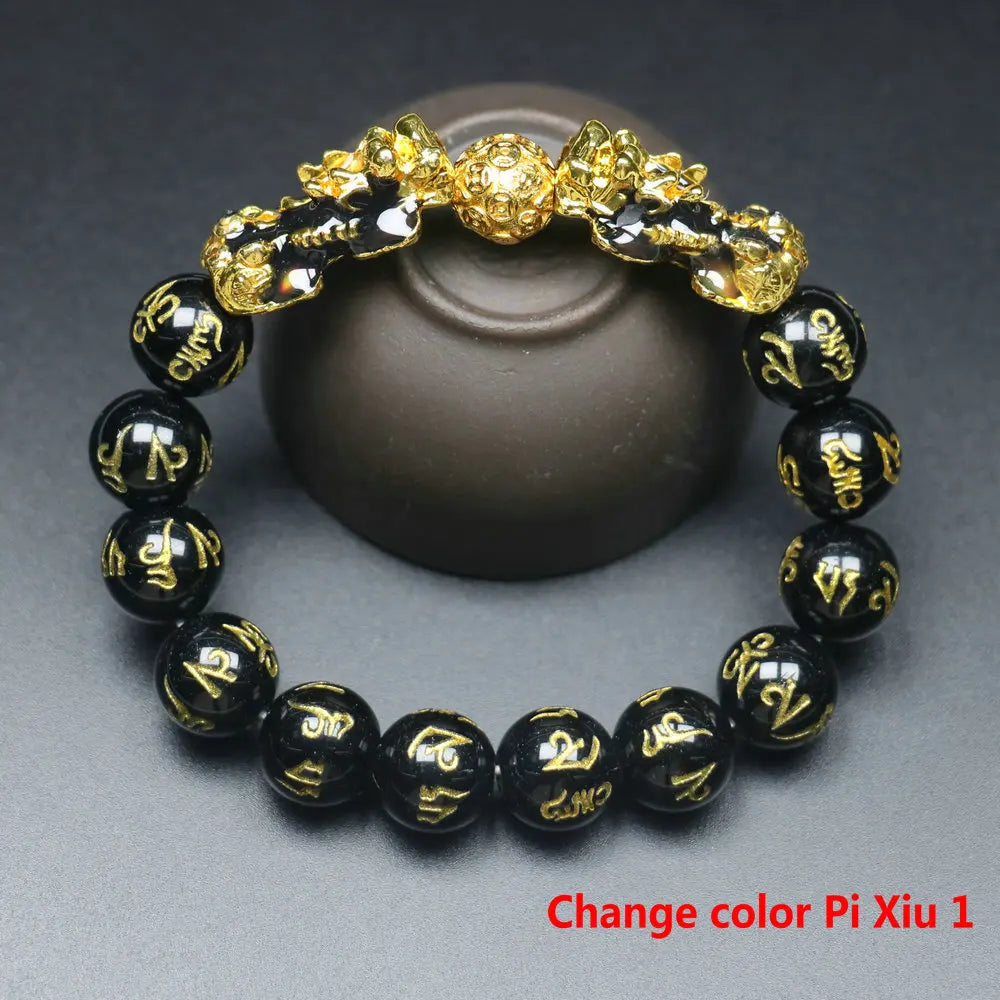 Feng Shui Wealth Pixiu Bracelet Men Women Black Obsidian Beads Chakra Meditation Yoga Bracelet Change Color Pi Xiu Jewelry Gift