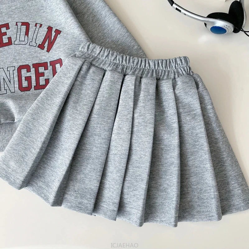Girls Korean-Style Sweatshirt & Pleated Skirt Set - 2-Piece Fall Outfit (Ages 7-13)
