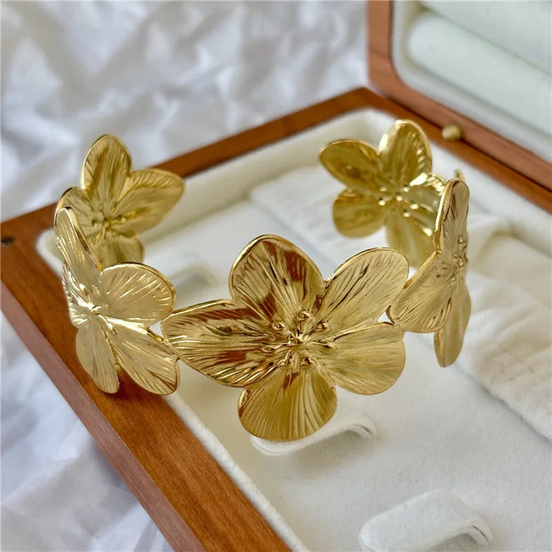 Wide Geometric Flower Bracelet - Adjustable Statement Jewelry