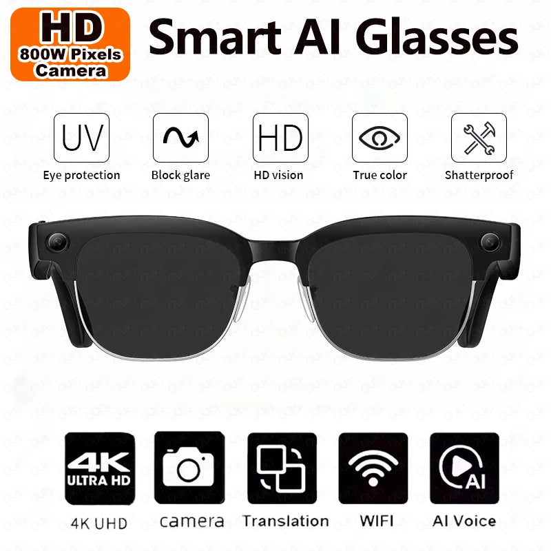 Smart AI Translation Glasses - 4K Camera, Bluetooth Music, Object Recognition & Voice Recording