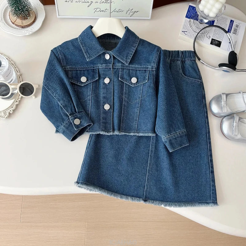 Girls Denim Jacket & Long Skirt Set - 2-Piece Fall Outfit (Ages 7-13)