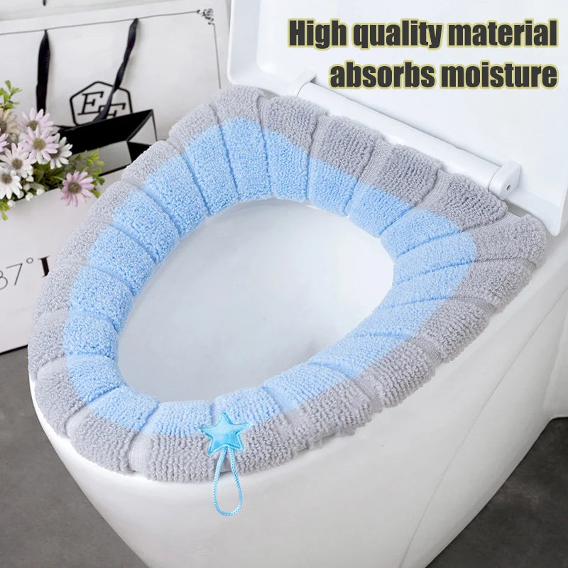 Knitted Toilet Seat Cover - Washable Soft Warm Bathroom Mat with Non-Slip Design