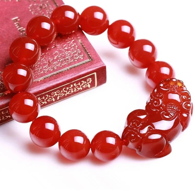 Natural Red Jade Pixiu Bracelet Pulsera Feng Shui Men Women Healing Jewelry Carnelian Bead Elastic Beaded Lucky Amulet Bracelets