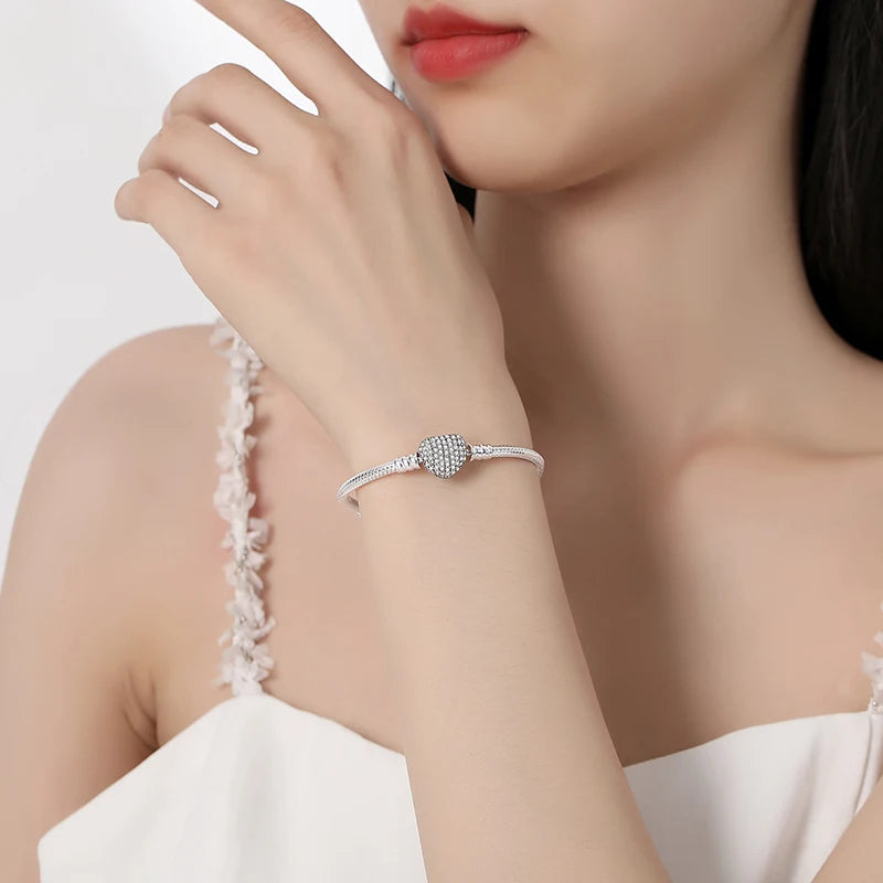 925 Sterling Silver Snake Chain Bracelet with Heart Charm Beads