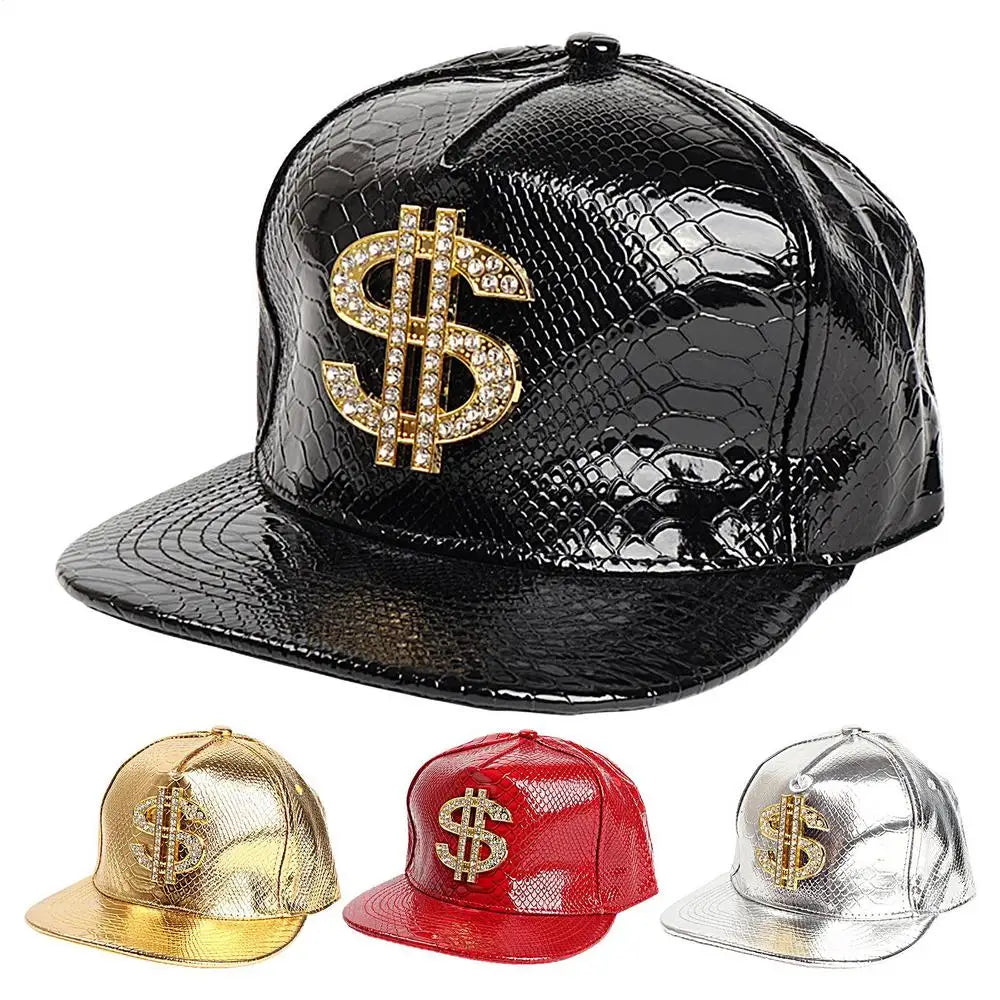 Gold Dollar Sign Hip-Hop Cap - Crocodile Texture Flat Brim Hat for Break Dance & Street Style