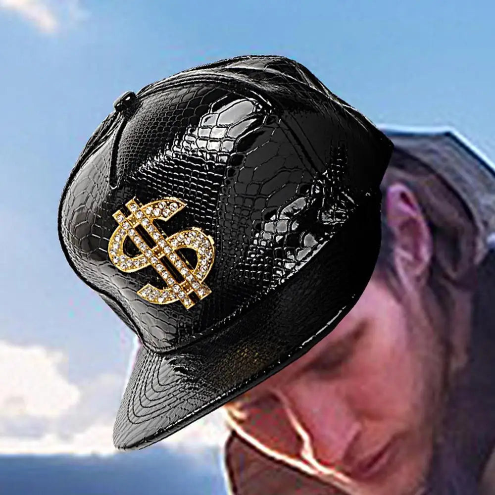 Gold Dollar Sign Hip-Hop Cap - Crocodile Texture Flat Brim Hat for Break Dance & Street Style