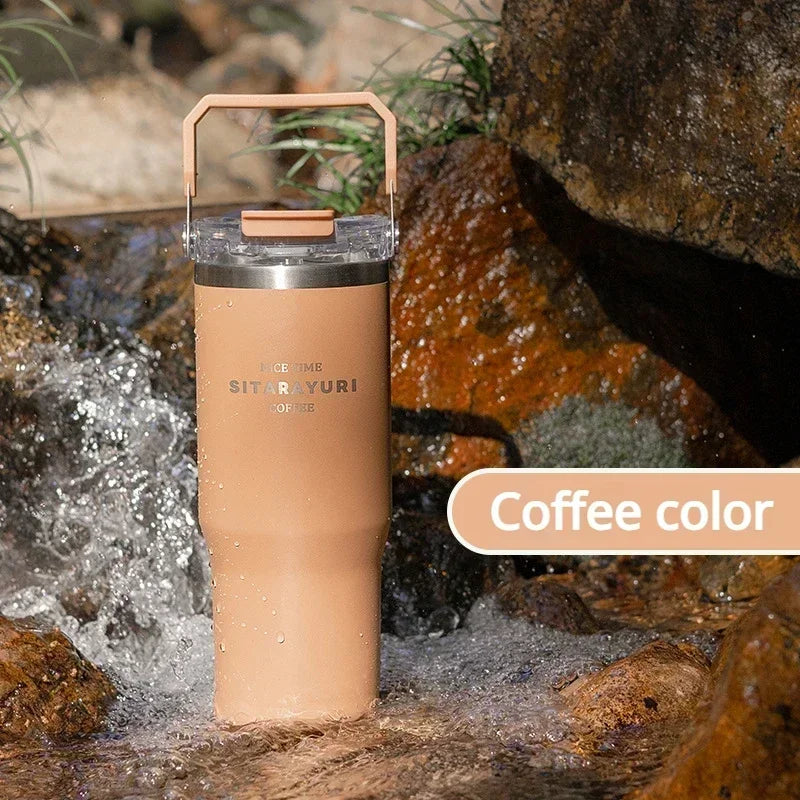 30oz Insulated Stainless Steel Tumbler with Straw & Handle | Travel Coffee Cup