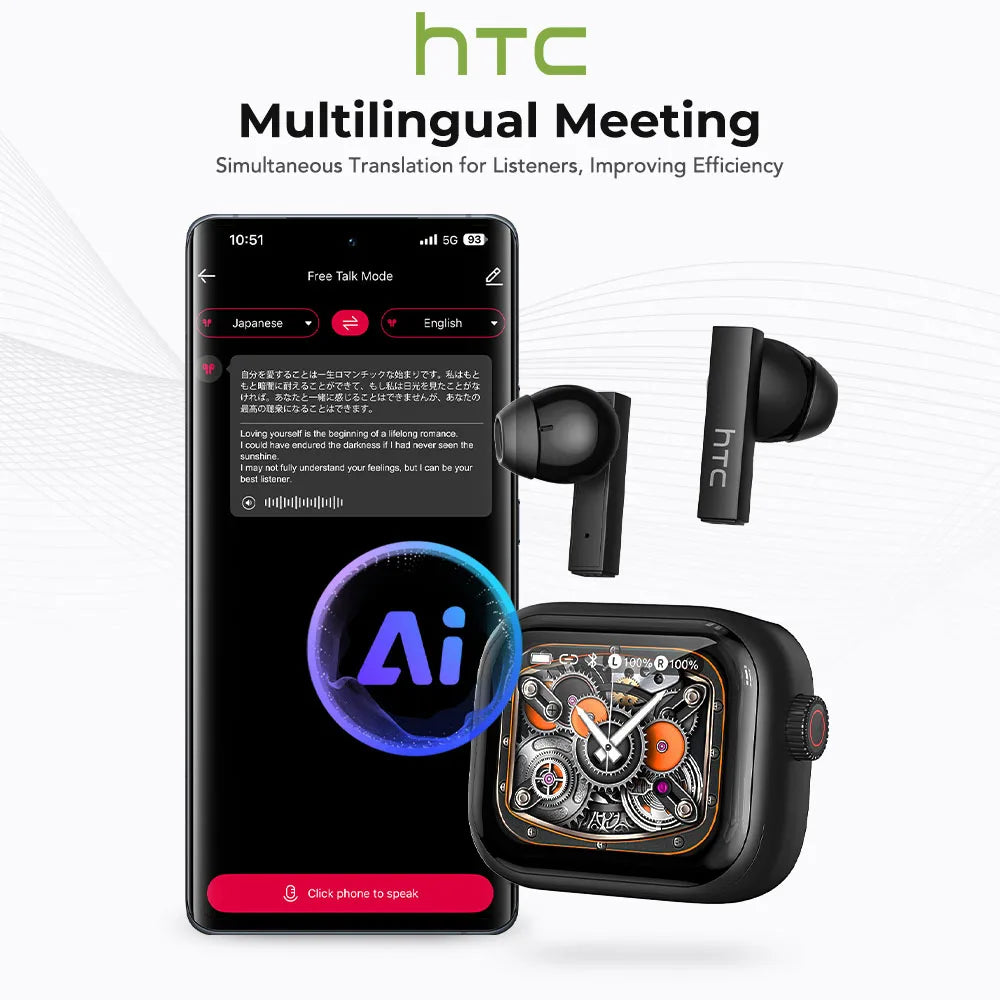 HTC Bluetooth Earphones with AI Translator & HD Subtitles - TWS Sports Wireless