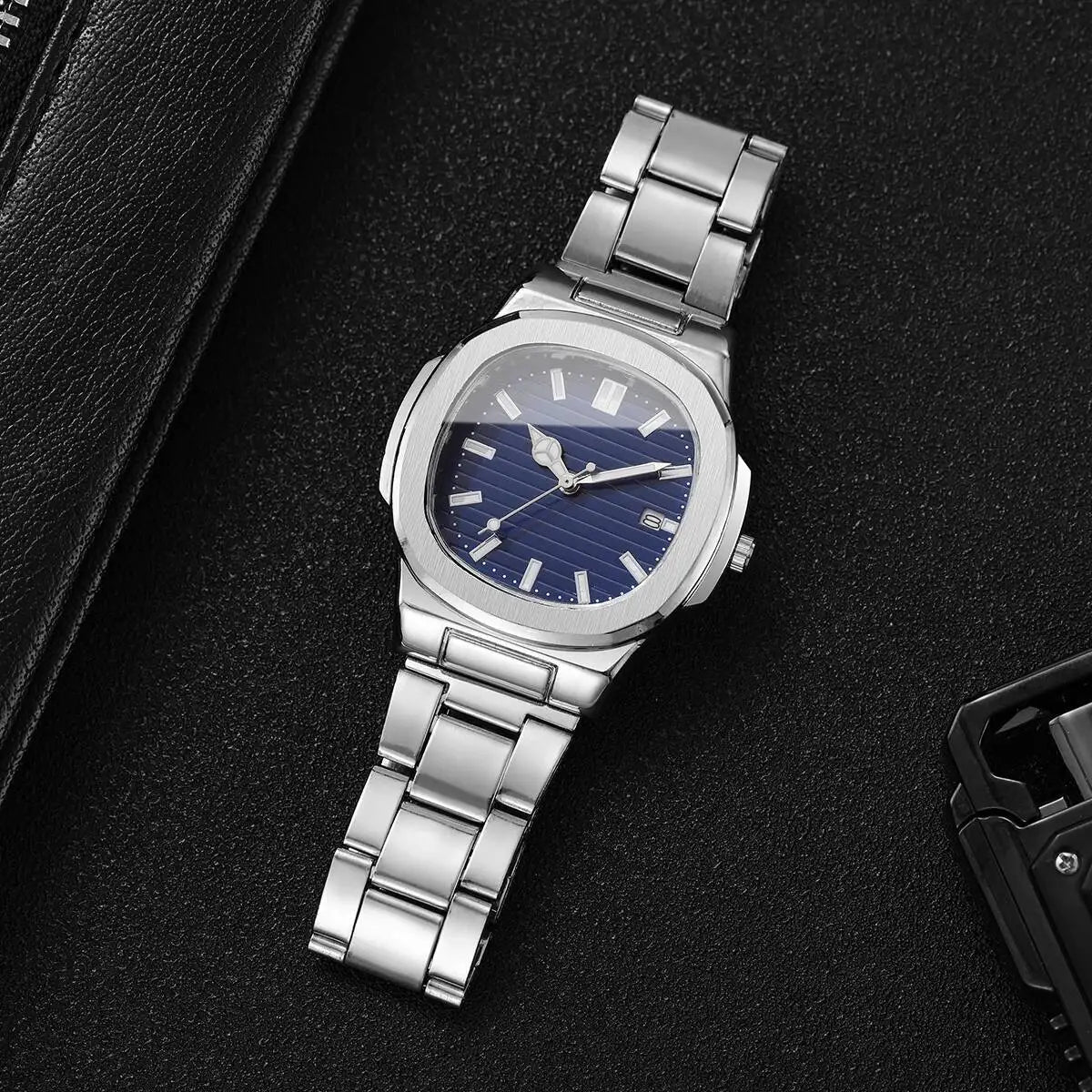 Luxury Men's Square Dial Quartz Watch – Stainless Steel Business Watch with Calendar