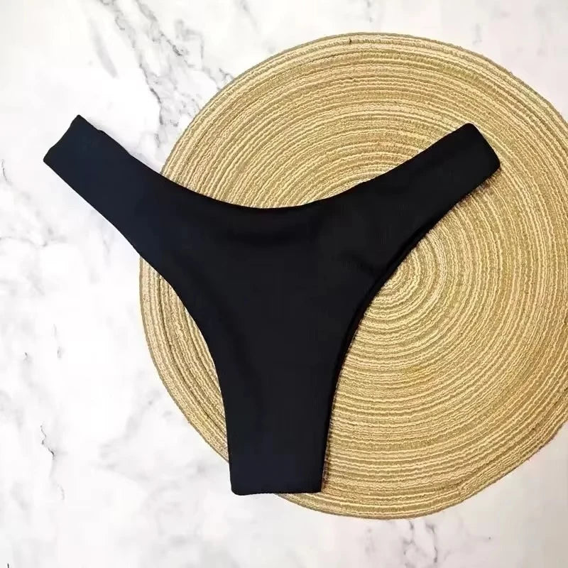 Brazilian Women's Low Waisted Thong Bikini Bottoms Solid Swimwear Red White Black Summer Push Up Bathing Suit for Beach Poolside