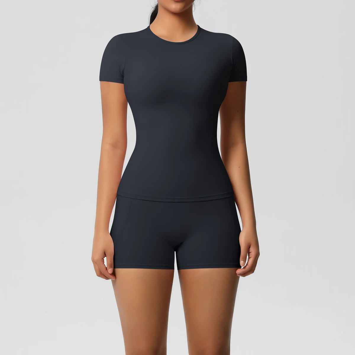 Women's 2-Piece Workout Set - Push-Up Shirt & High Waist Shorts for Yoga & Fitness