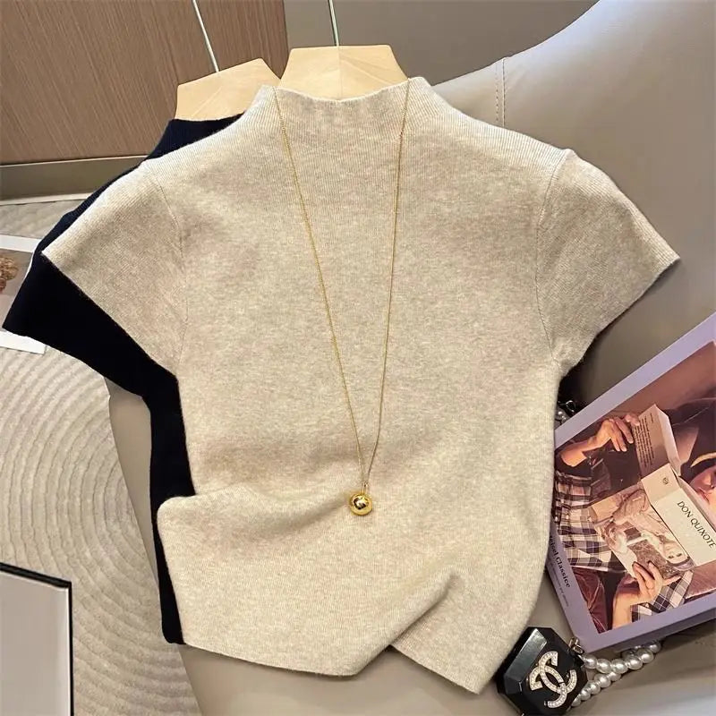 Turtleneck Pullover Sweater – Women's Knitted Short Sleeve