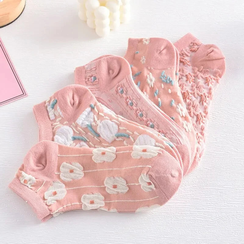 Kawaii Flower 3D Textured Ankle Socks – Vintage Low Cut