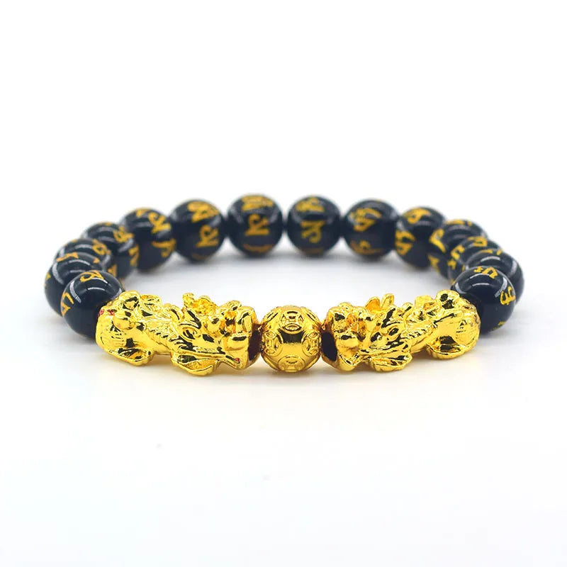 Pixiu Bracelet Feng Shui Wealth and Good Luck Bracelet Homme Wristband Gold Color Obisidian Stone Beads Black Six Character Gift