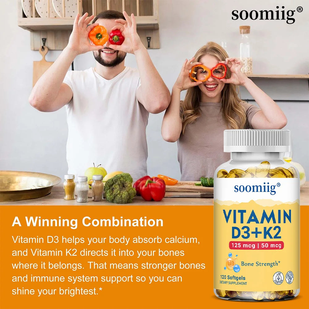 Vitamin D3 K2 Supplement - 5000 IU D3 + 50mcg K2 for Bone Health & Immune Support (120 Capsules)