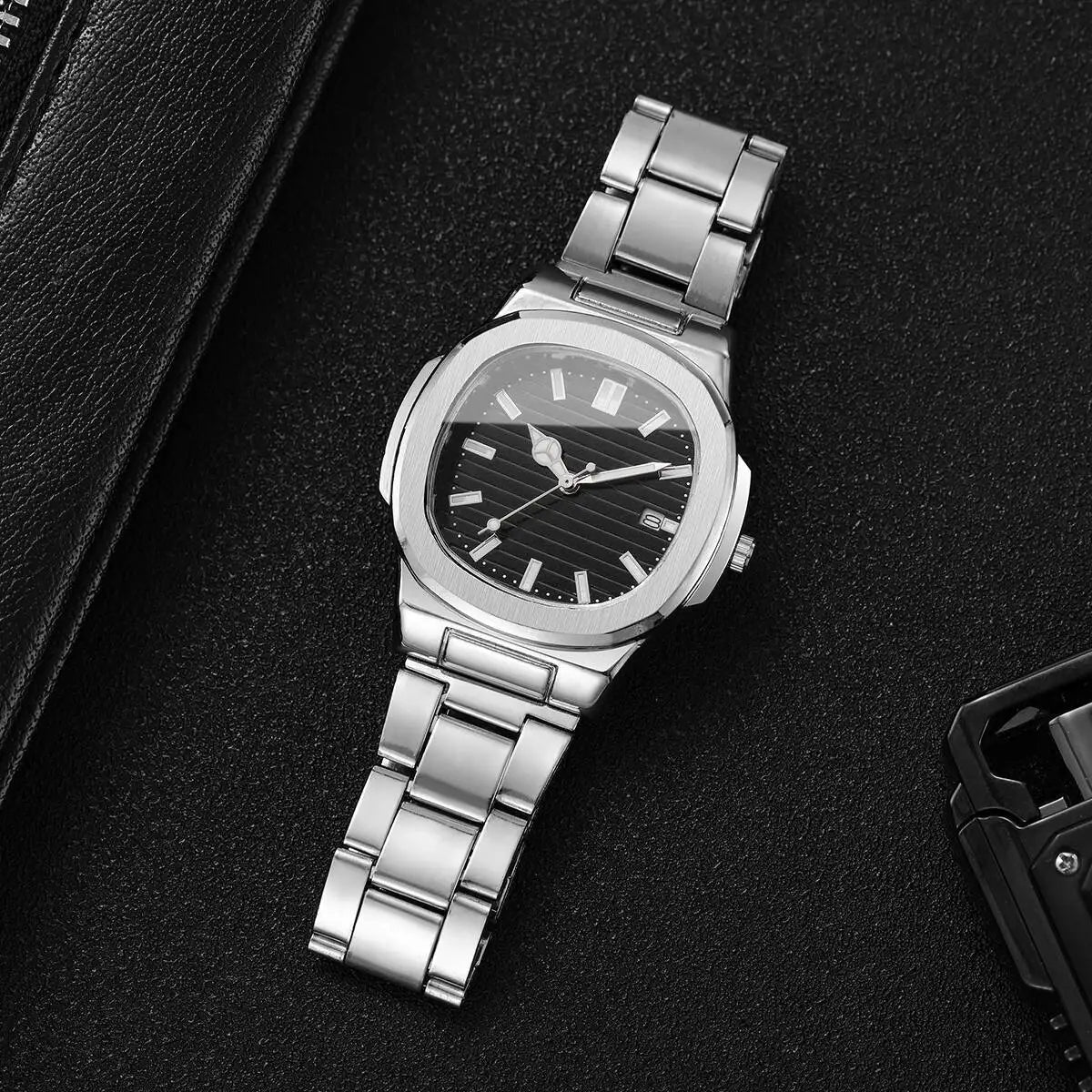 Luxury Men's Square Dial Quartz Watch – Stainless Steel Business Watch with Calendar