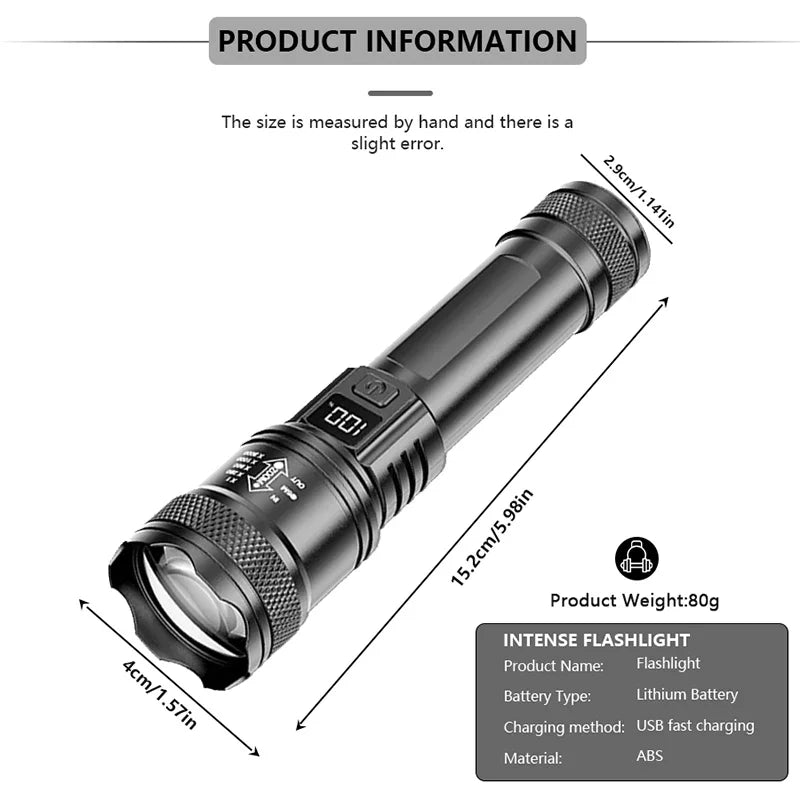 P50 Ultra Bright LED Flashlight - 2000 Lumens Tactical Rechargeable Torch with Zoom