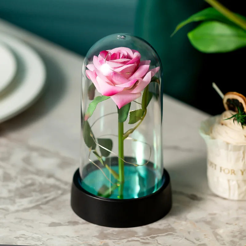 LED Eternal Rose in Glass Dome - Gold Foil Flower for Valentine's & Mother's Day