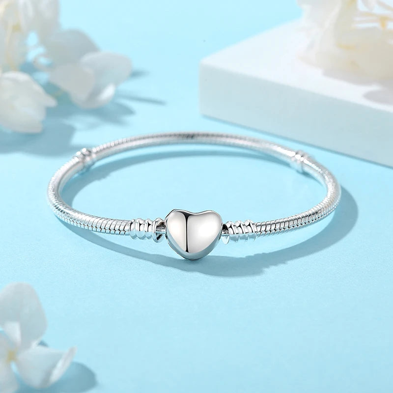925 Sterling Silver Snake Chain Bracelet with Heart Charm Beads