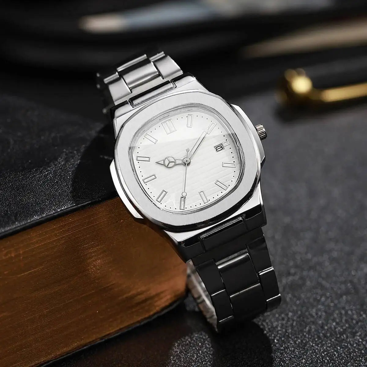 Luxury Men's Square Dial Quartz Watch – Stainless Steel Business Watch with Calendar
