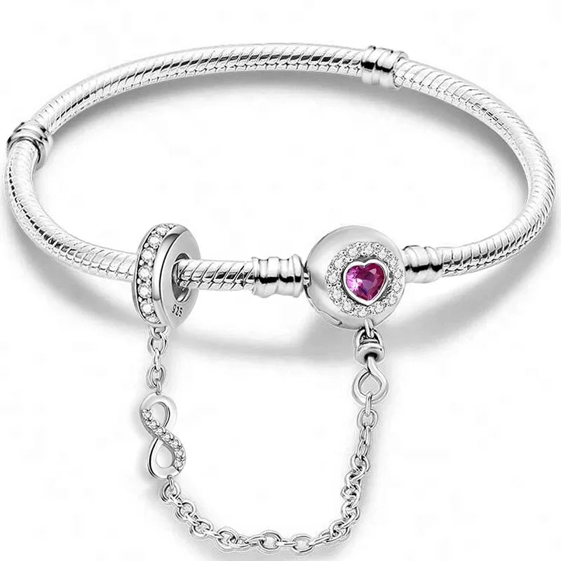 925 Sterling Silver Heart Charm Bracelet with Zircon Stones