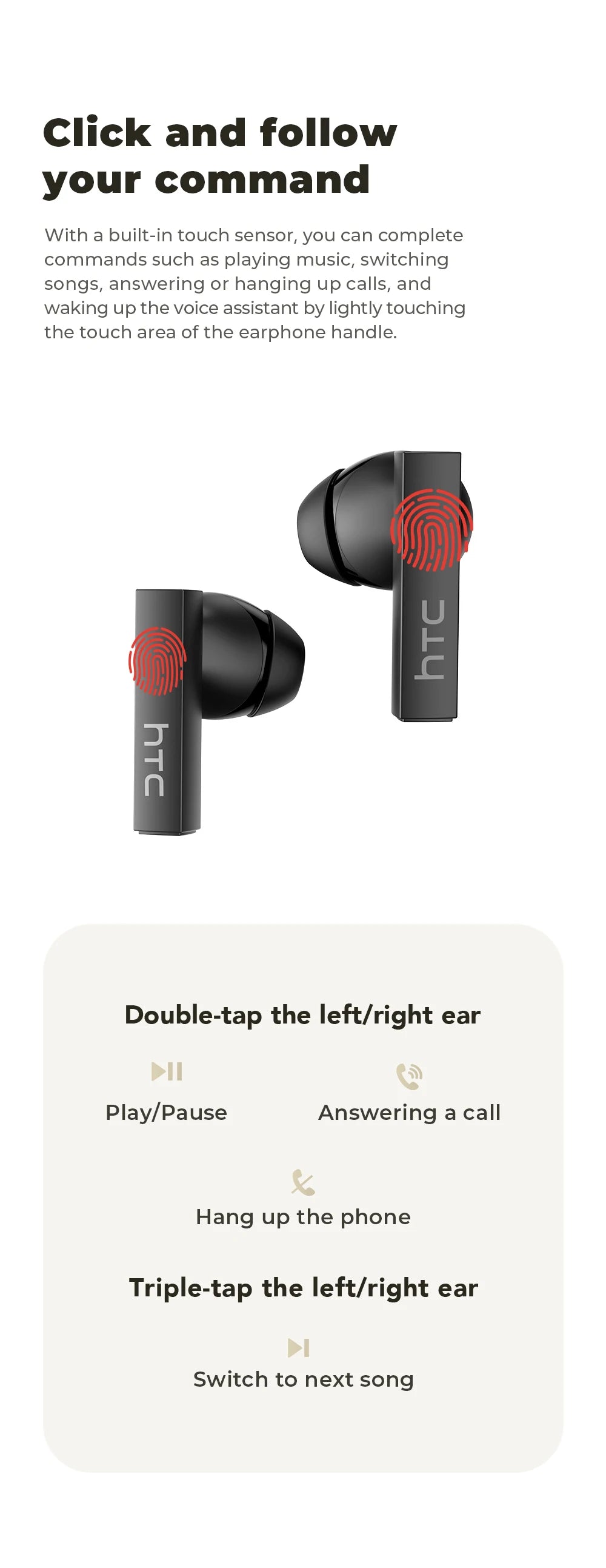HTC Bluetooth Earphones with AI Translator & HD Subtitles - TWS Sports Wireless