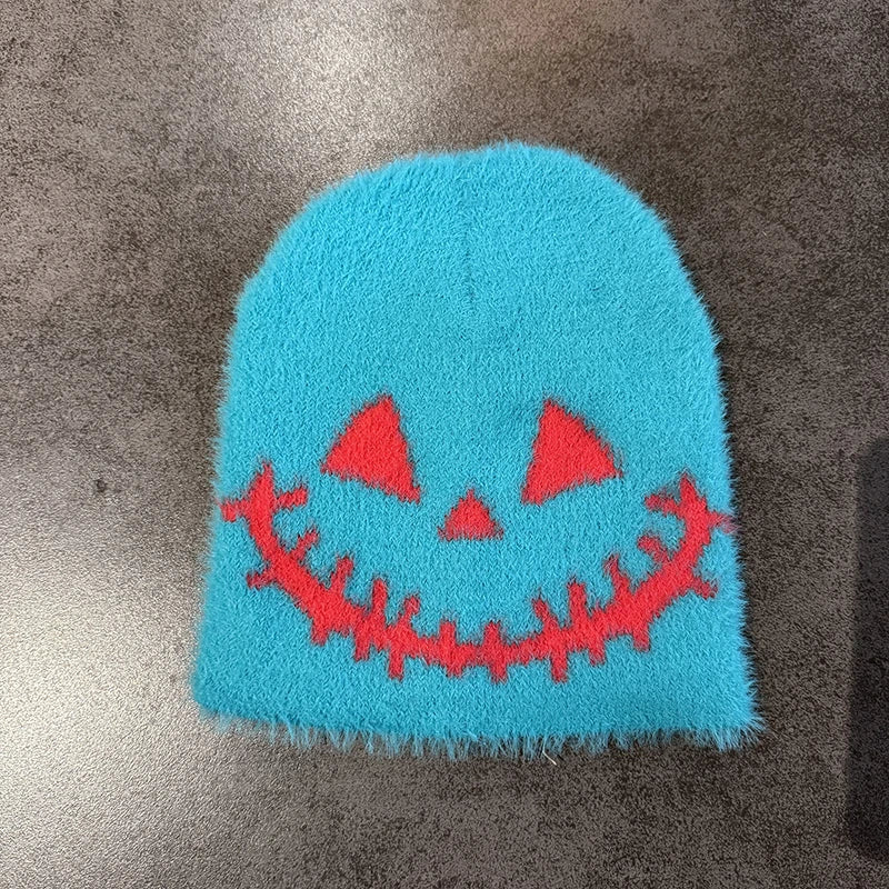 Halloween Funny Expression Wool Knitted Beanie - Y2K Hip-Hop Winter Hat with Quirky Face Design