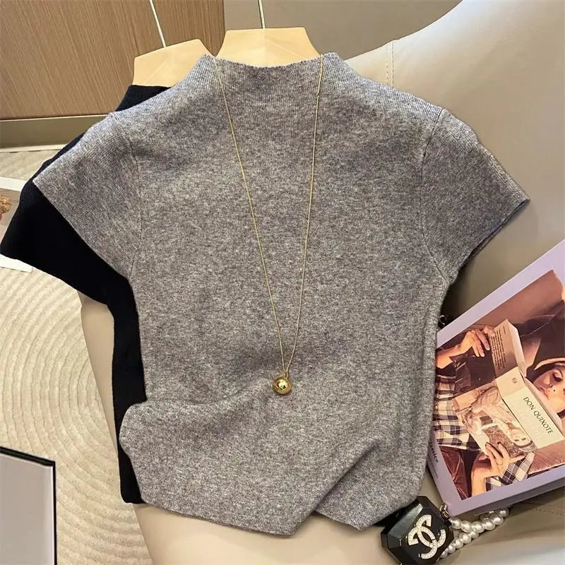 Turtleneck Pullover Sweater – Women's Knitted Short Sleeve