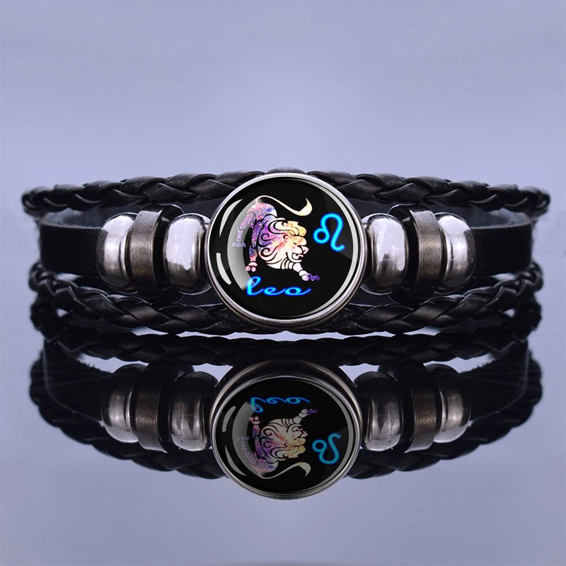 Black Braided Zodiac Bracelet for Men - 12 Constellation Leather Birthday Gift