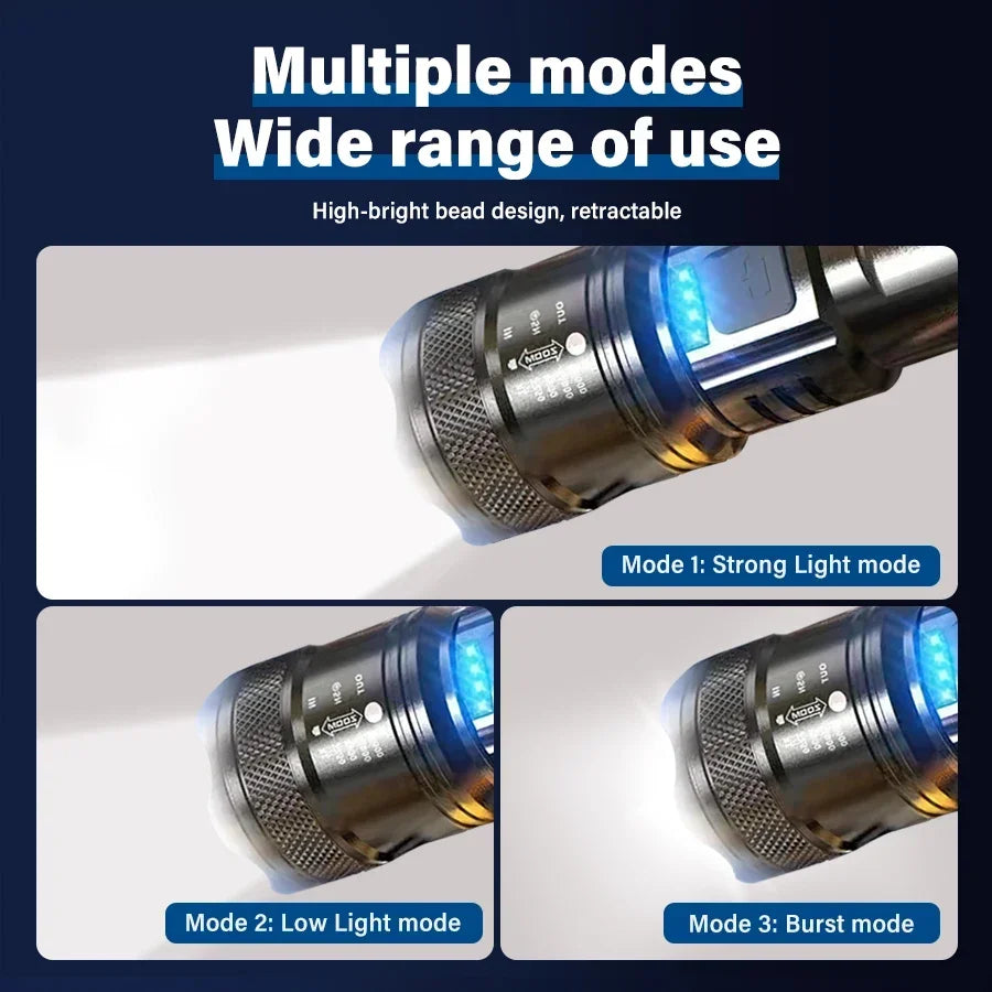 2000 Lumen LED Flashlight with Power Display - USB Rechargeable Tactical Torch with Zoom