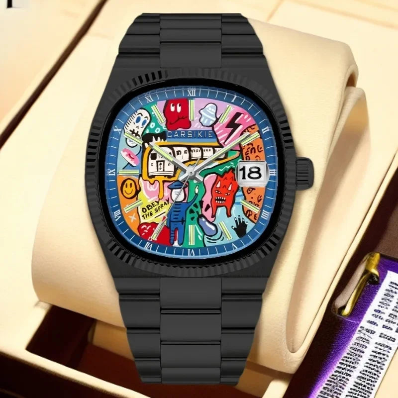 Cartoon Oil Painting Quartz Men's Watch – Casual Steel Strap Personalized Business Timepiece